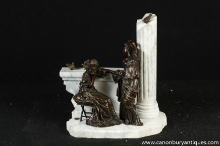 Italian Bronze Roman Maidens Figurines Marble Column